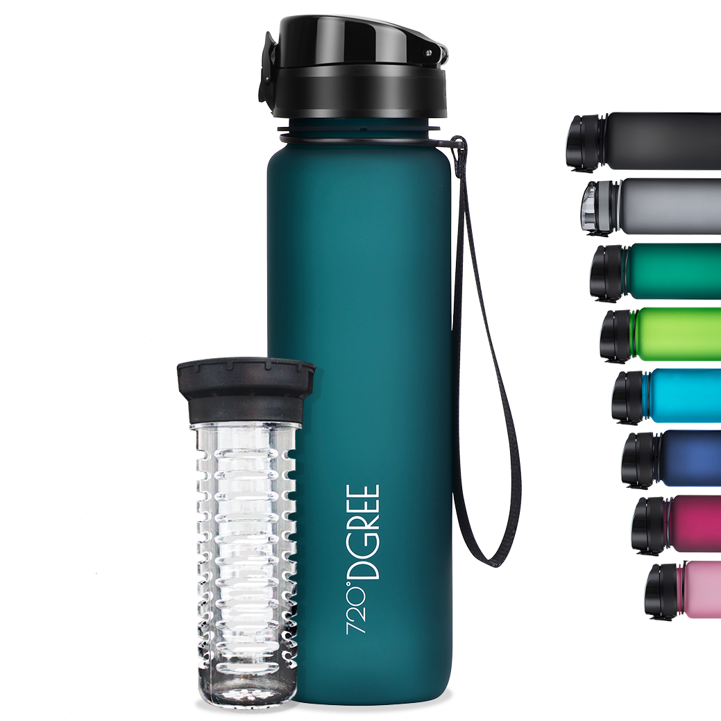 Auf dem Bild ist die uberBottle mit softTouch Beschichtung zu sehen. es gibt eine breite Farbauswahl und der Flasche liegt ein fruchtsieb bei, mit dem du deinem Wasser mit deinen Lieblingsfrüchten Geschmack verleihen kannst.