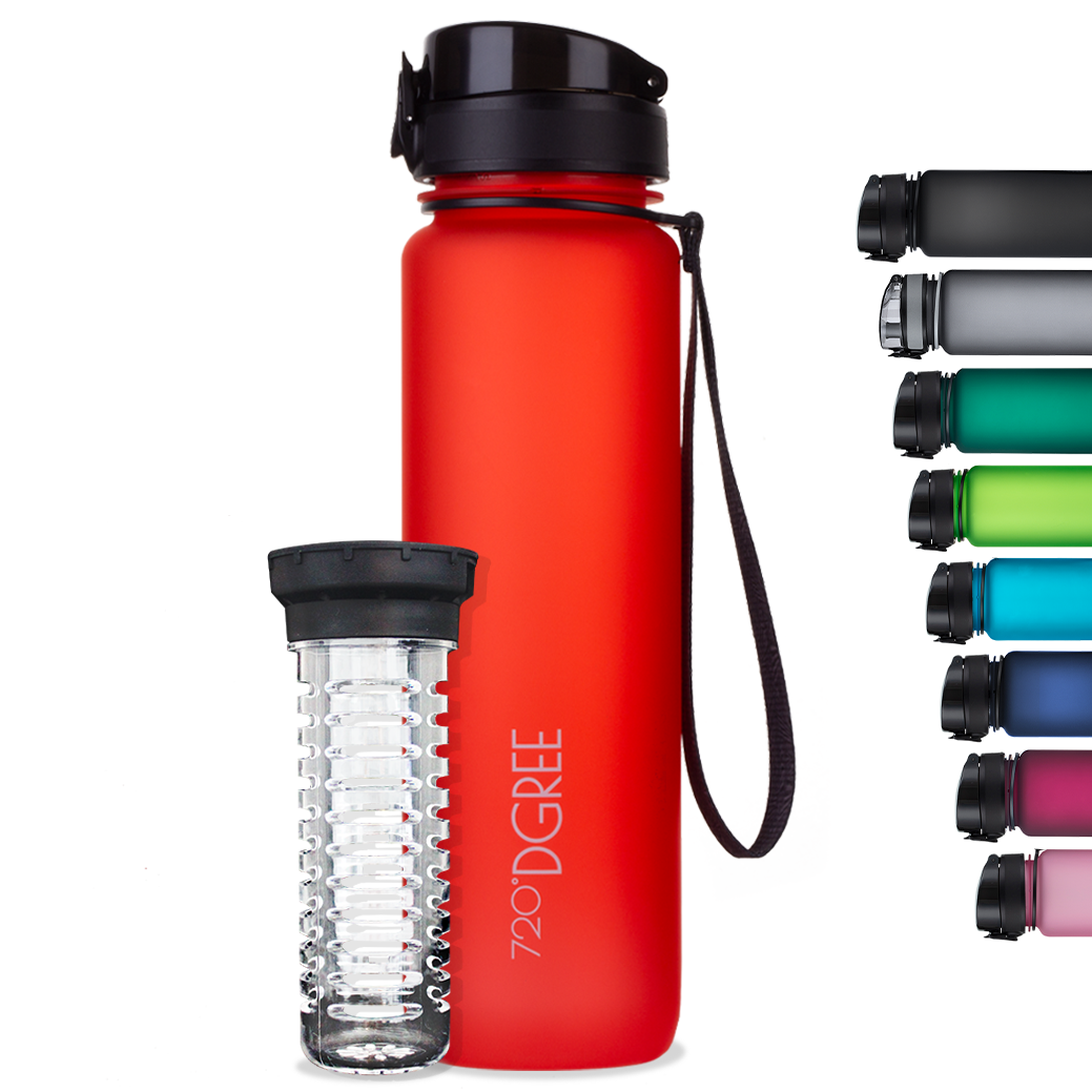 Auf dem Bild ist die uberBottle mit softTouch Beschichtung in der Farbe Watermelon Red zu sehen. Es gibt noch viele weitere schöne Farben, aus denen du dir Deine Flasche auswählen kannst. Es gibt die uberBottle mit einem passenden Fruchtsieb.